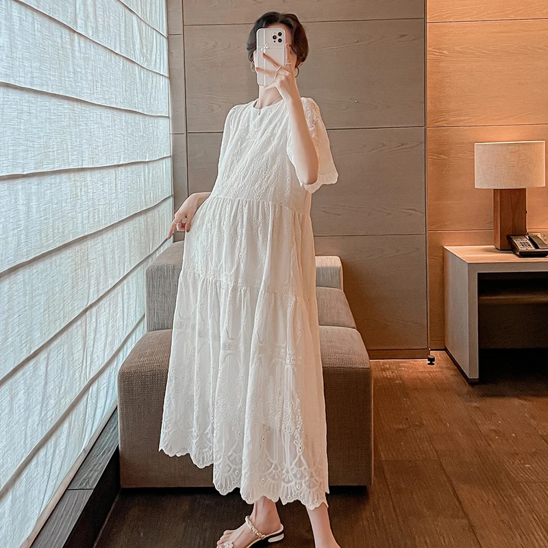 Summer Pregnant Woman Lace Dress Sweet Short Sleeve O-Neck Maternity Embroidery Dress Fashion Pregnancy Party Dress for Wedding