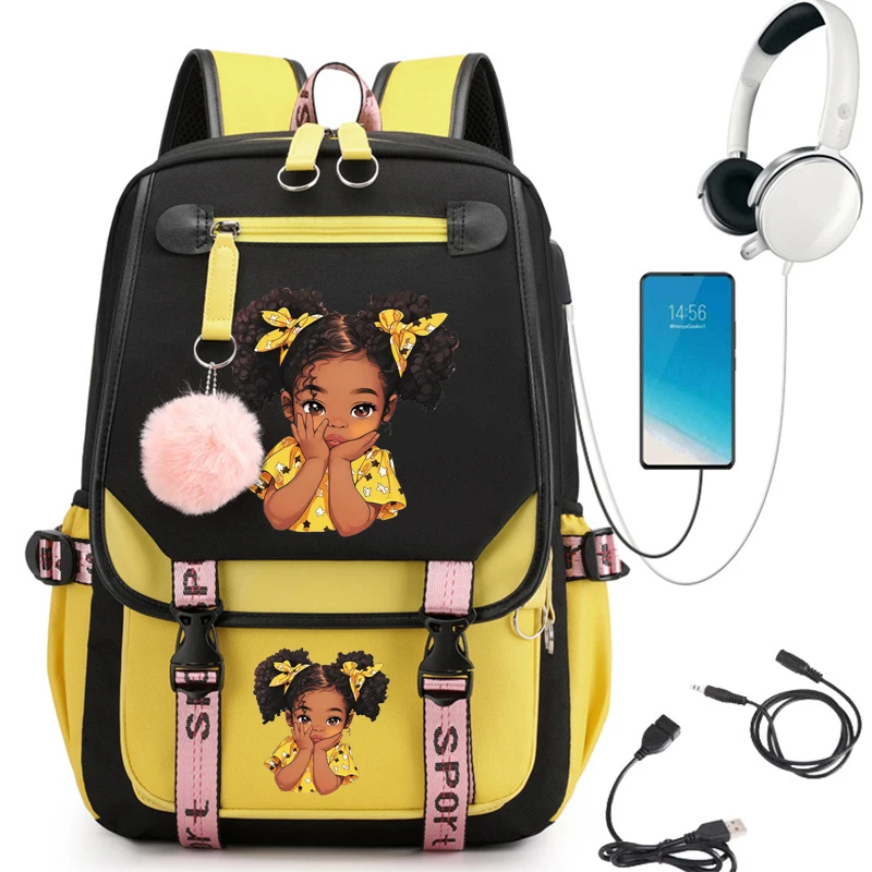 Mochila impressão menina preto Multicolor, saco bonito da escola dos desenhos animados, para os adolescentes, bookbag, laptop