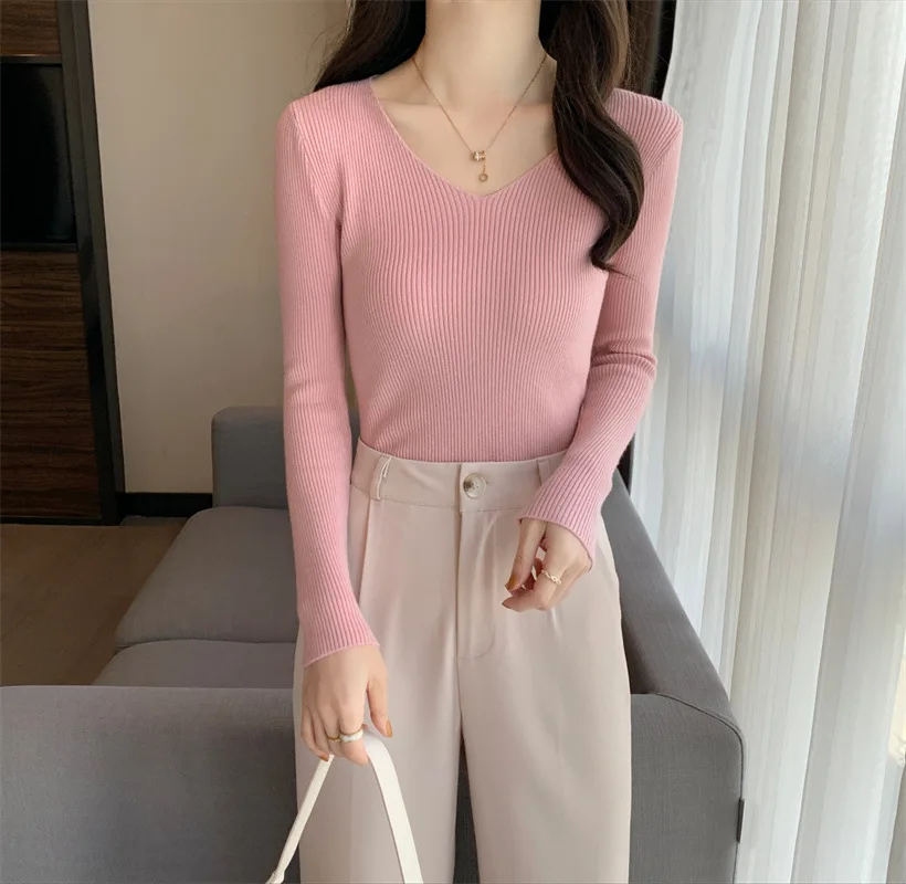 Real Shooting of New Korean Version V-neck Slim Fit Versatile Short Style Solid Color Long Sleeved Pullover Base Knit Sweater