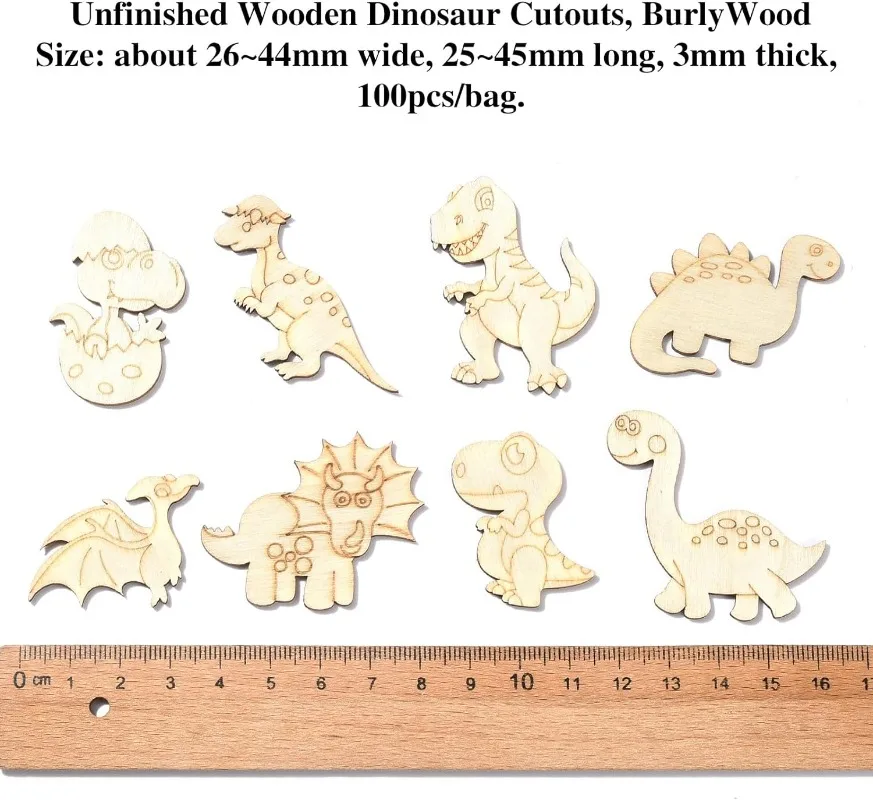 Assorted Unfinished Wooden Dinosaur Cutouts Craft Blank Slices for DIY Craft Painting Birthday Party Decoration Gift