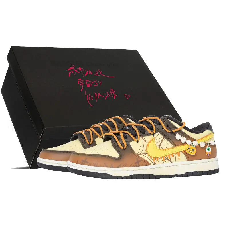 

[Custom Halloween Pumpkin S-BOX]Nike Dunk Skateboard Shoes Women's Low-Top Brown/Yellow