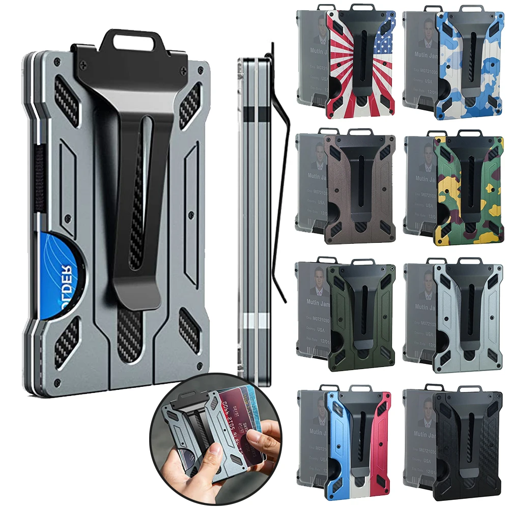 Wallet for Men Slim Aluminum Metal Money Clip with 1 Clear Window ID Badge Holder RFID Blocking Holds Up 15 Cards with Cash Clip