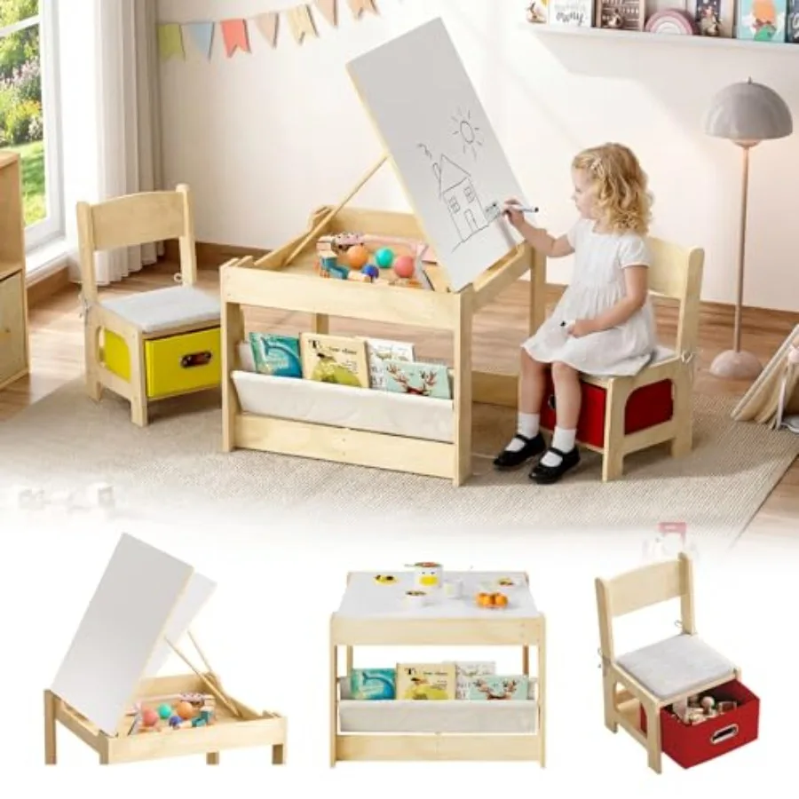 

Wooden Table and 2 Chairs with Adjustable-Height Drawing Top Toddler Playroom Set in Natural Finish Safety Hinges Storage Drawe