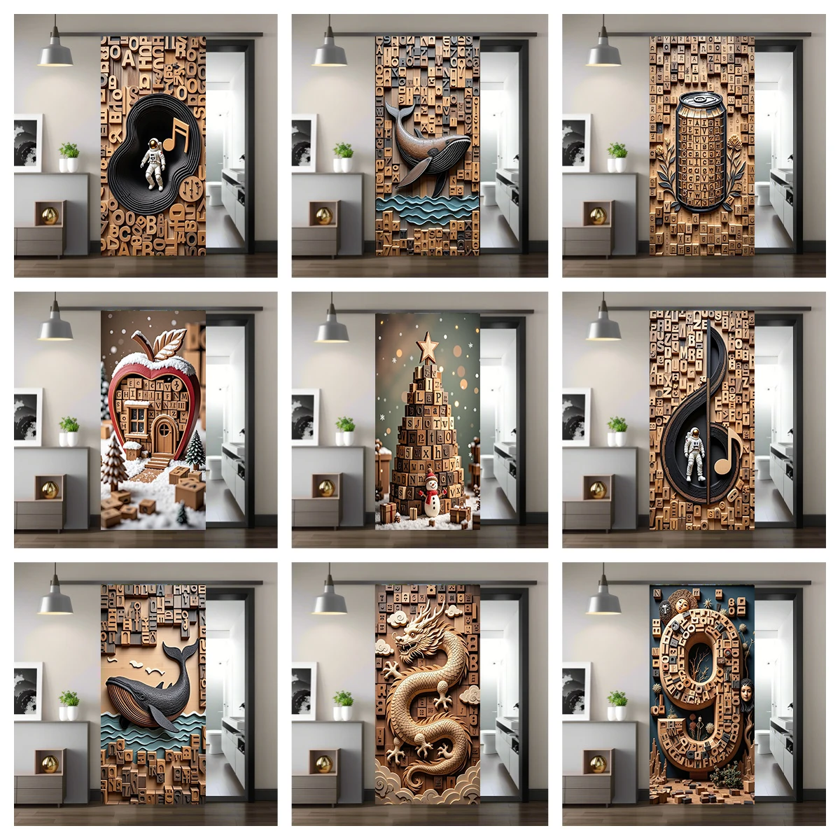

Creative Wood Carving Decorative Painting Drink Can Whale PVC Doors Sticker Full Door Wrap 3D Wallpaper Customize Home Poster