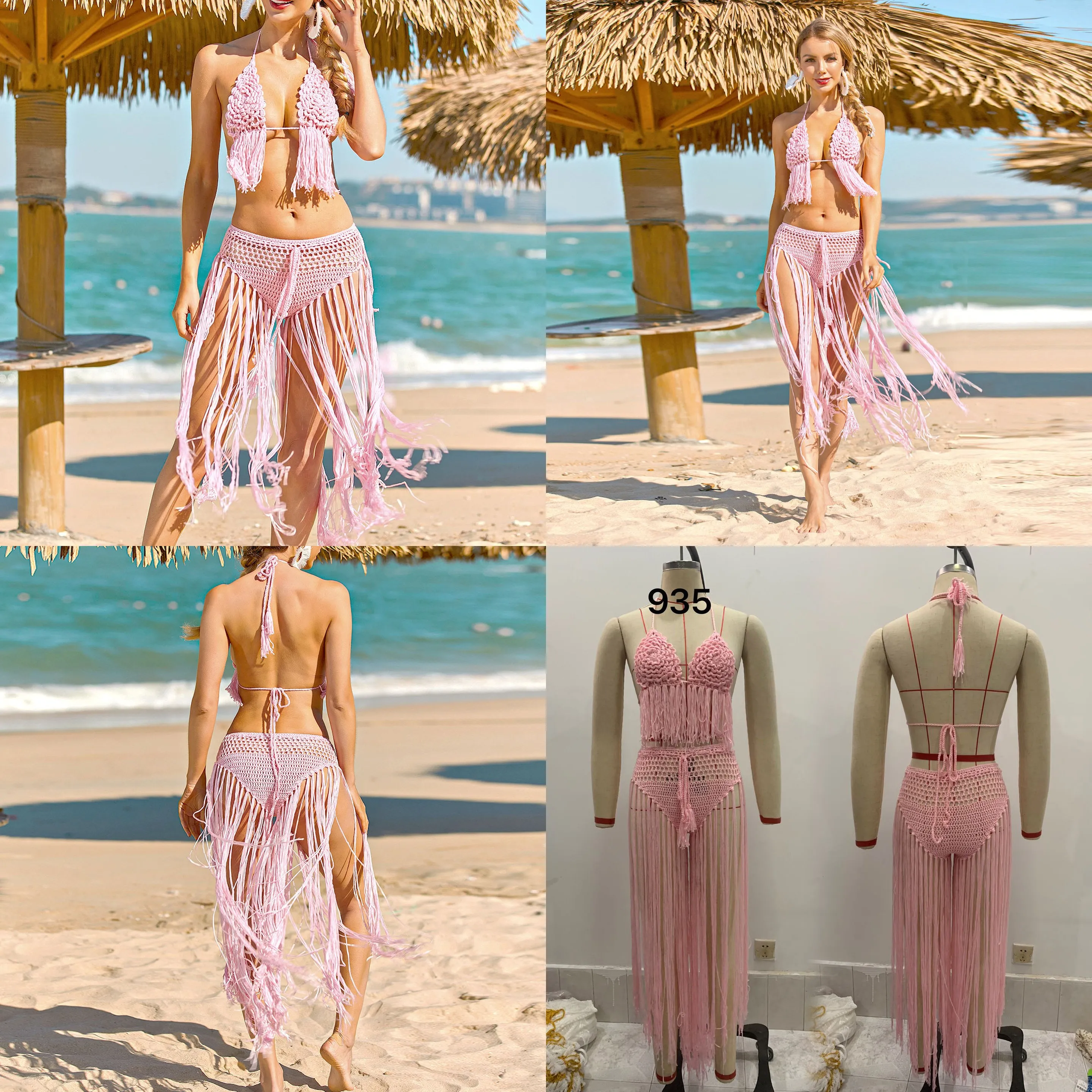 Crochet Bikini Set Sexy Lace Up Hollow Out Tassel Beach Cover Up Matching Set Swimwear