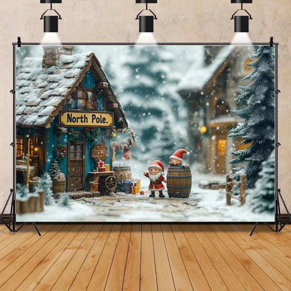 Weihnachten Fotografie Hintergrund Nordpol Candy Cane Stadt Märchen Hintergrund Santa Claus Geschenk Kind Winter Outdoor Photocall