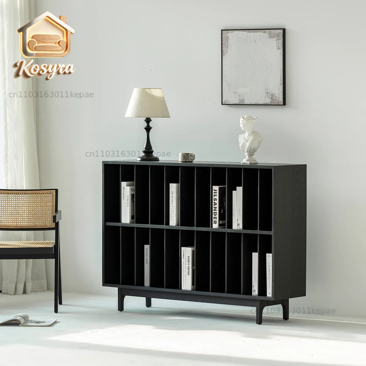 bookcase, ash wood black side cabinet, living room large-capacity storage multi-layer magazine solid wood bookshelf