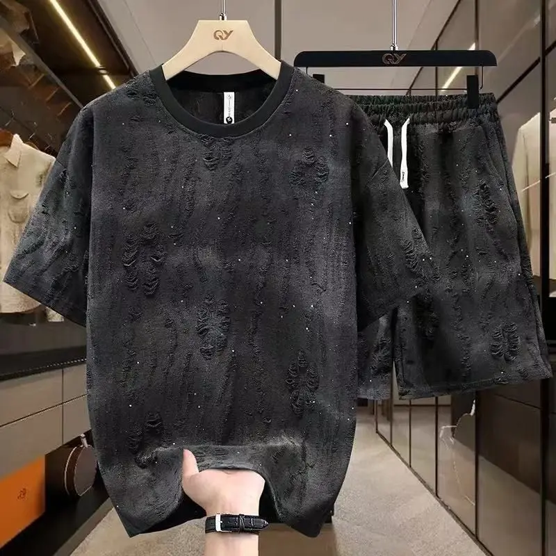 

Summer Trendy Brand Tie-dye Ripped Wasteland Wind Short-sleeved T-shirt Set for Boys Retro Wear Plus Size Men's Clothing Set