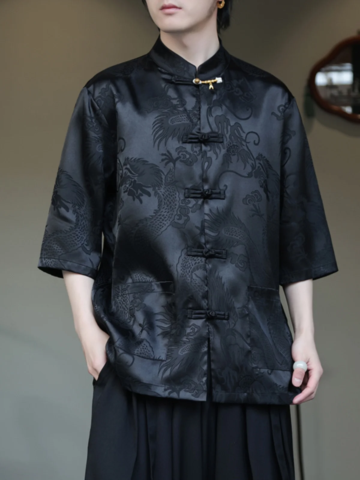 

Ice Silk Short Sleeve Shirt Men's Summer Thin Stand Collar Button up Casual Loose Fit Breathable Lightweight Chinese Style