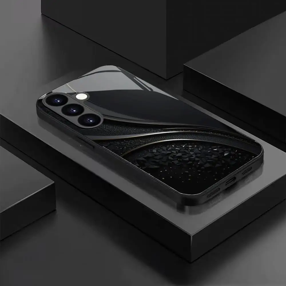 Black Geometric Glass Phone Case Anti-Scratch Camera Protection  for Samsung Galaxy S26Ultra Plus S25 S24 S23 S22 S21