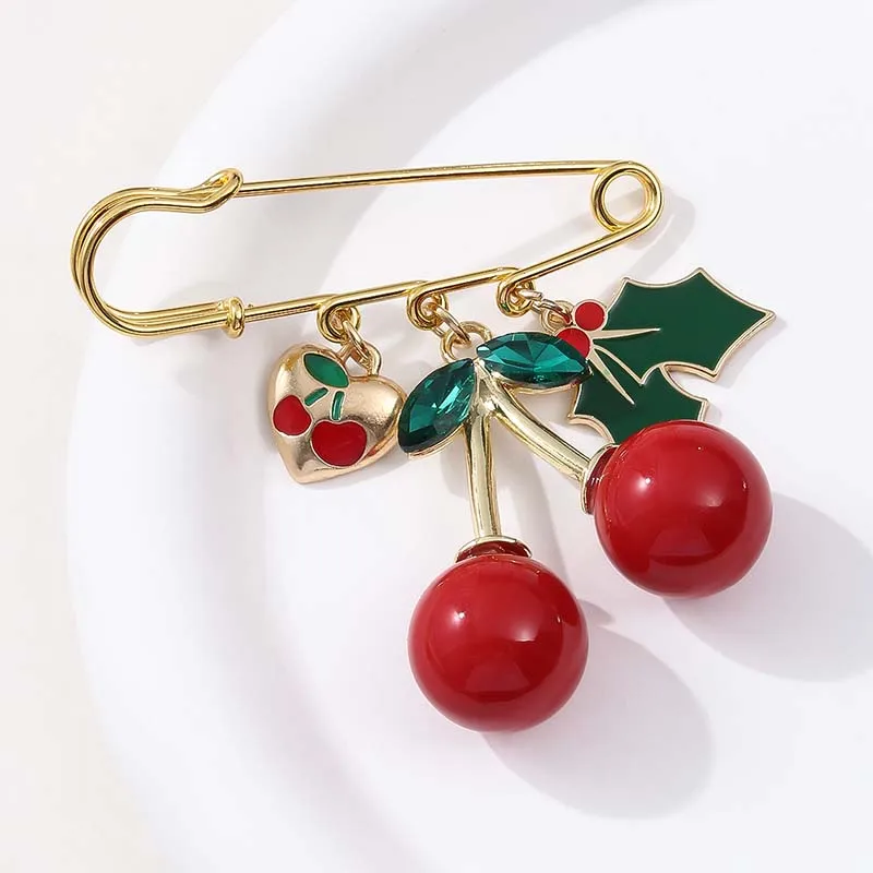 جديد الحلو الكرز الفاكهة الذهب بروش ثلاثية الأبعاد الكرز البطيخ الفراولة الأخضر ورقة قلادة DIY دبوس ملحق مشبك الملابس الثابتة
