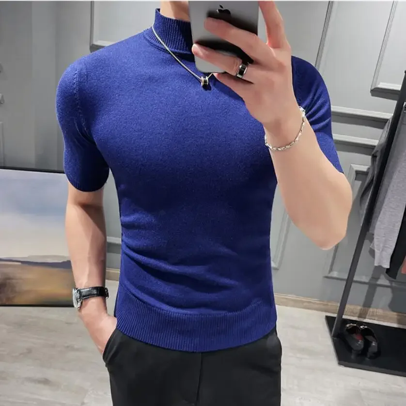 

2023 British Style Men's Sweater Pure Color Short Sleeves Semi High Necked Pullover for Male Knit Sweater Tops Plus size S-3XL