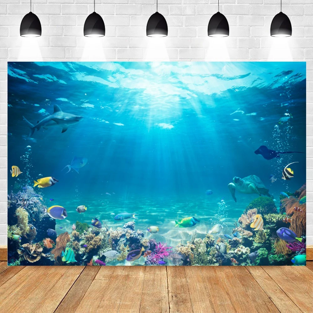 Underwater World Fish Backdrop Under The Sea Seabed Coral Shark Dolphin Turtle Baby Birthday Party  Photography Background Decor