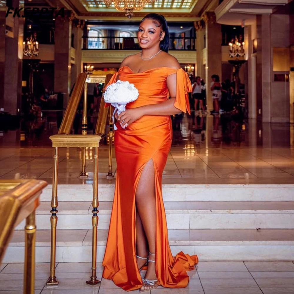Long 2025 Wholesale Mermaid Bridesmaid Dresses Orange Sweetheart Side Split Shiny Satin Maids Of Honor Gowns Dropshipping