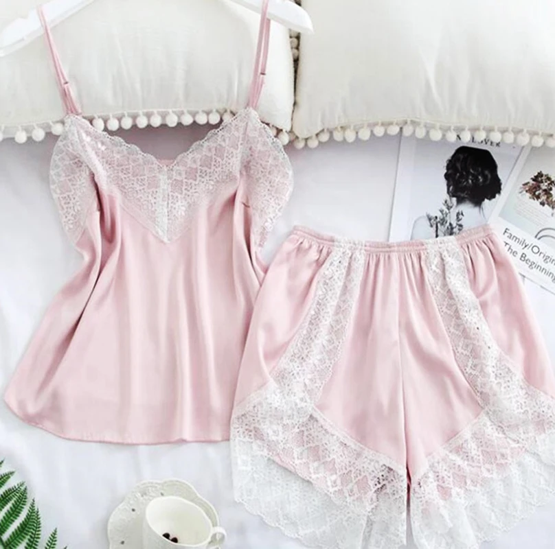 Conjunto de pijama de satén de dos piezas para mujer, Sexy ropa de dormir con encaje blanco y cuello en V, sin mangas, suministros para dormir