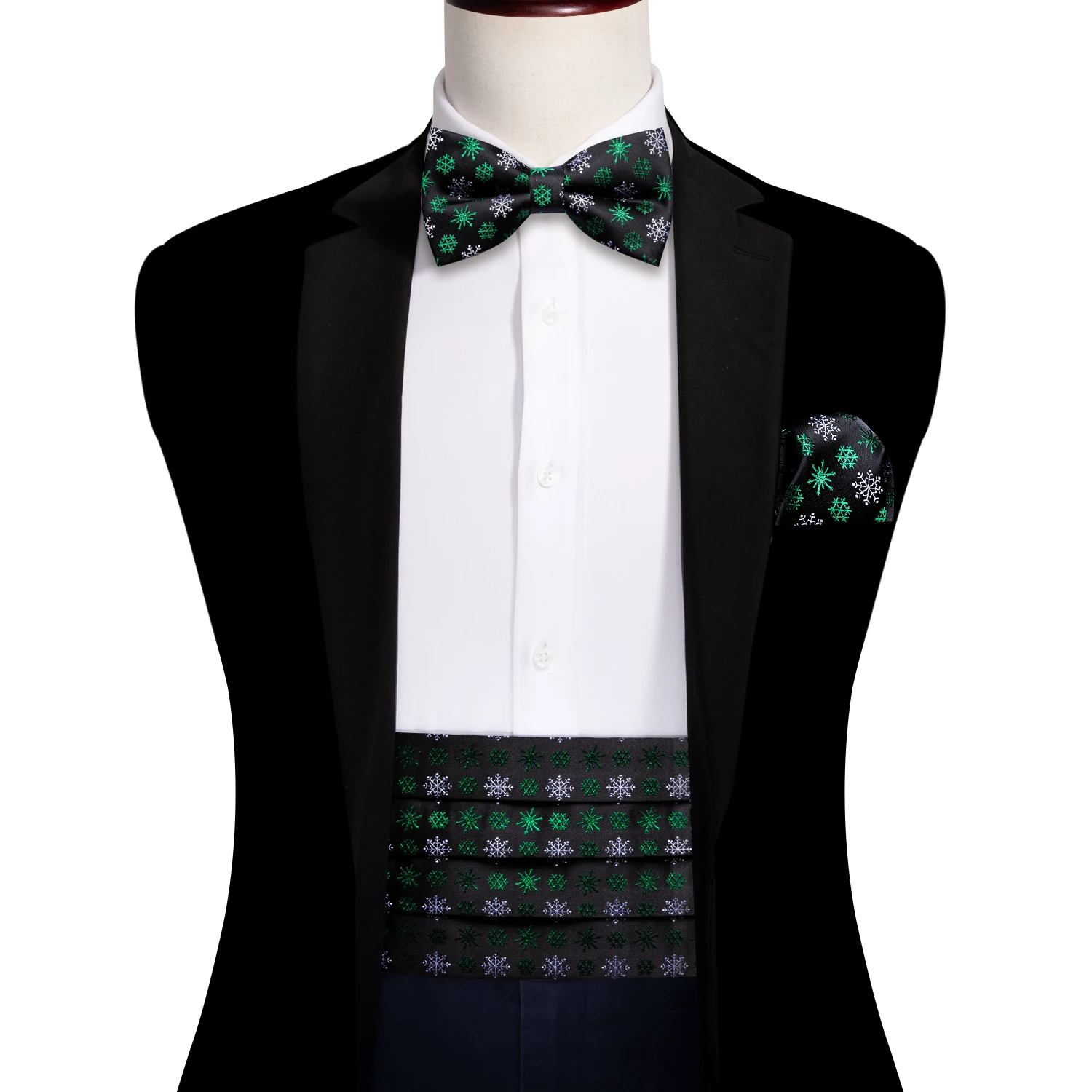 Christams Green Silk Men Cummerbund Exquisite Jacquard Bowtie Pocket Square gemelli set Party Designer Gifts Barry.Wang 1057