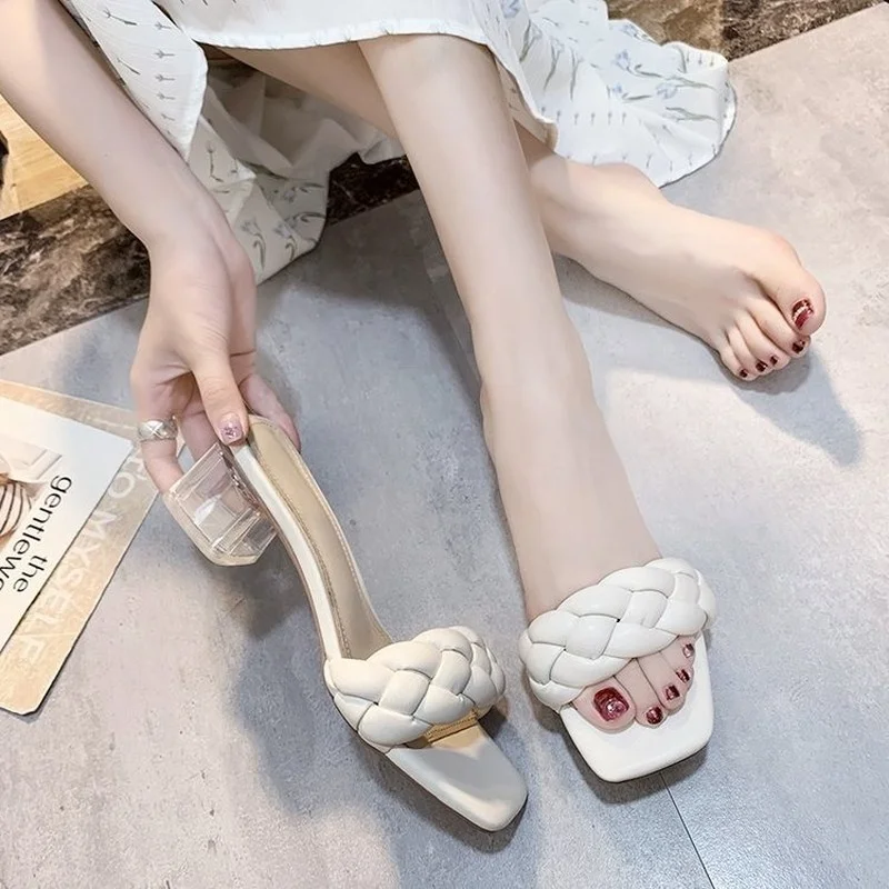 2022 Plus Size Summer Slipper Women Twist Woven Slippers Women's Thick Heel Crystal Heel Fashion High Heels Sexy Woman Shoes