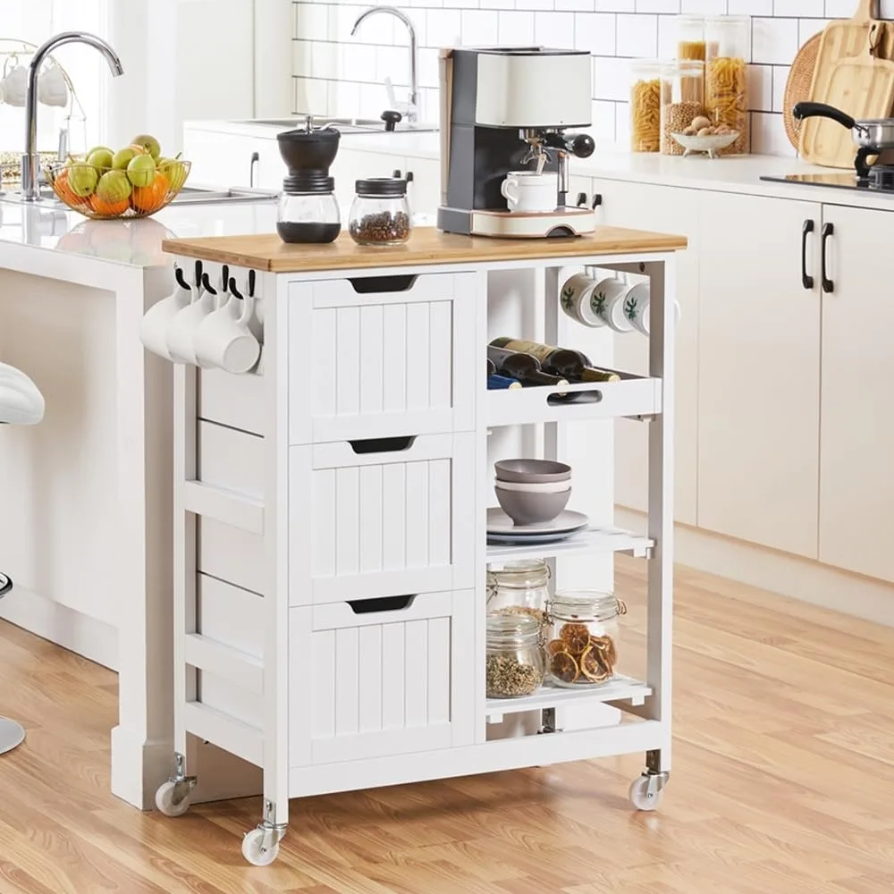 Kitchen island cart on wheels with bamboo countertop, 3 drawers, 3 removable shelves, lockable casters, storage cabinet