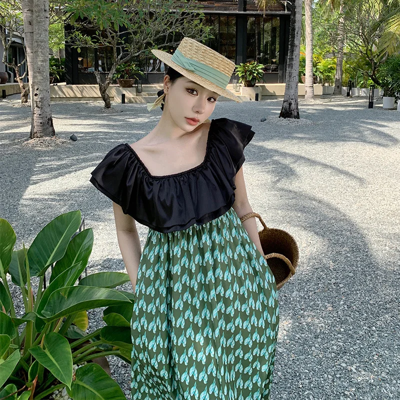 Summer Black lotus leaf Kingfisher one-shoulder dress skirt Sanya seaside tourism beach skirt temperament long dress