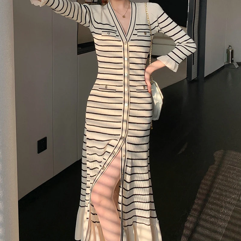 YuooMuoo Chic Fashion Knitted Maxi Dress 2024 New Elegant V-neck Stripes Single-breasted Ruffled Sweater Dress Party Robe Femme