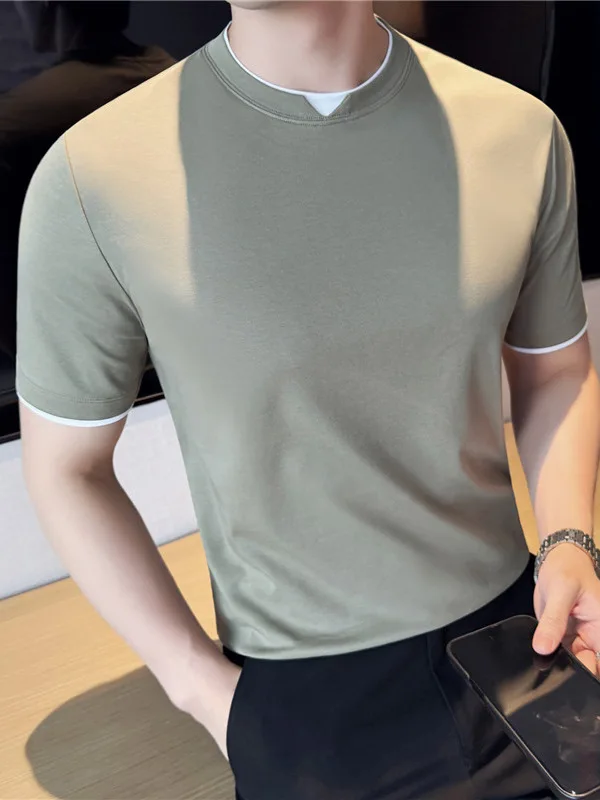 Summer Thin Fashion Short-sleeved T-shirt Skin-friendly Cool Base Shirt Color-blocking Fake Two-piece Shirt For Men