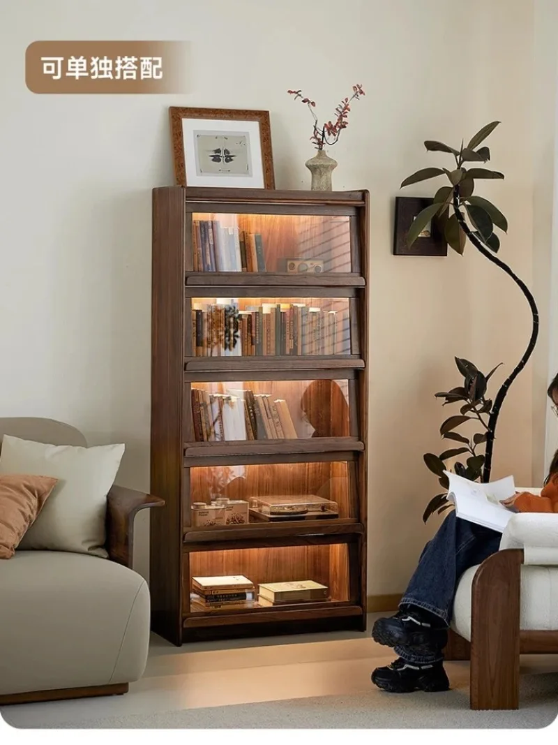 Black walnut solid wood bookcase shelf dust-proof glass storage figure American display cabinet