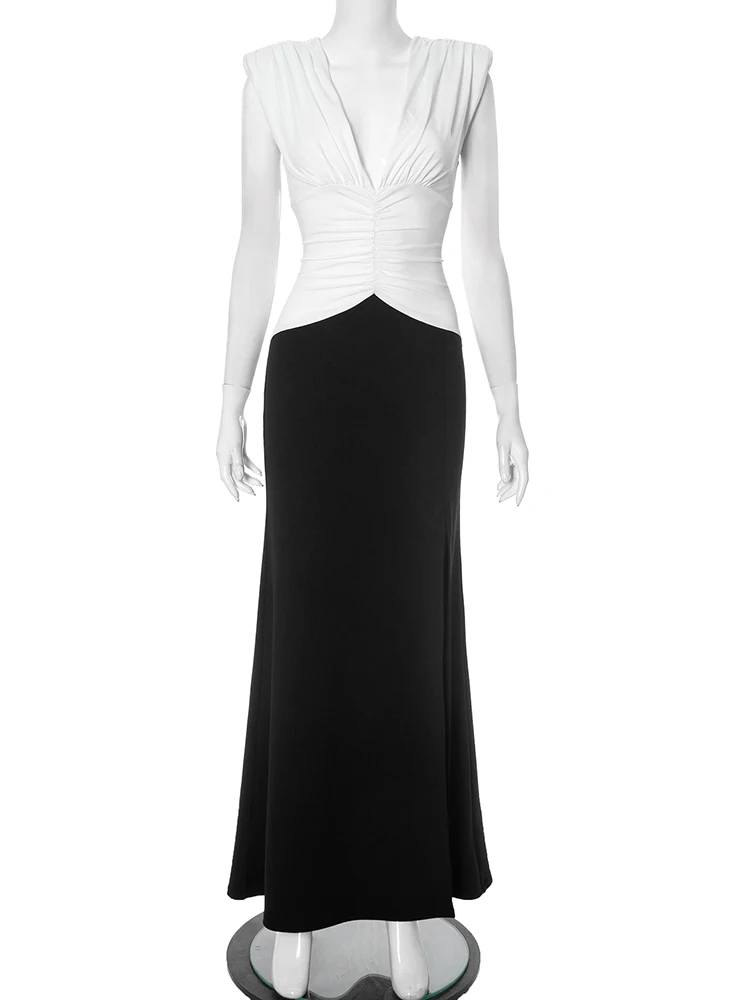 Seltsame Puss Kontrast Patchwork Maxi Kleid Frauen Sexy Geraffte Tiefem V-ausschnitt Ärmellose Mitternacht Prom Party Elegante Splits Vestidos
