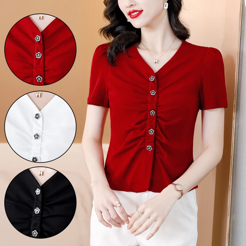 Cotton T-shirt Short Sleeved Women's Blouse2025 Summer New Item Slimming V-neck Women's Shirt OL Single Breasted Female Clothing