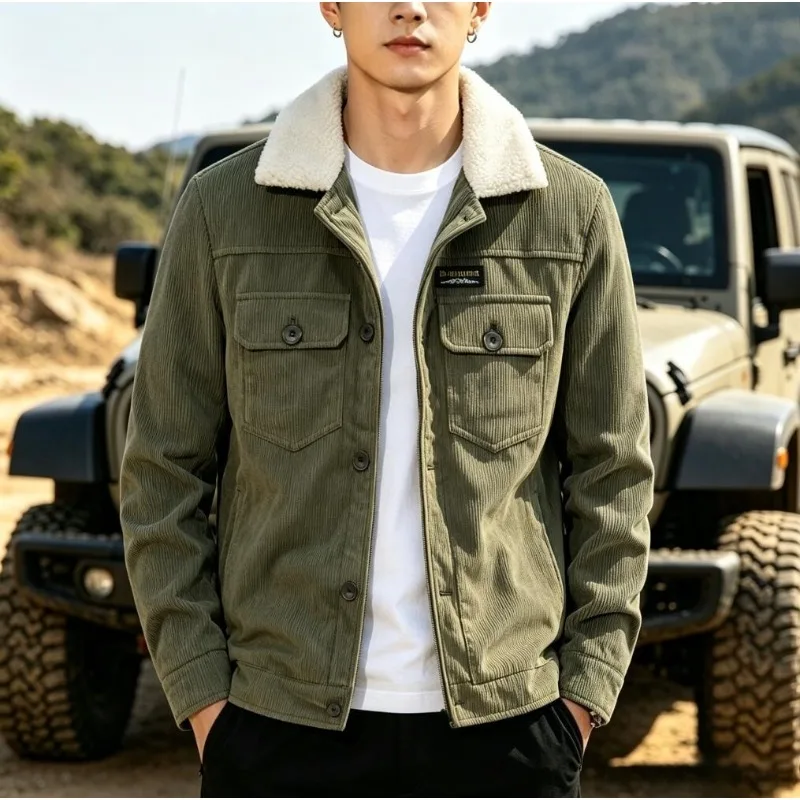 New Fashion Men Corduroy Fleece Warm Winter Down Jackets Quality Man Multiple Pockets Casual Tooling Jackets Male Cargo Coats 5X