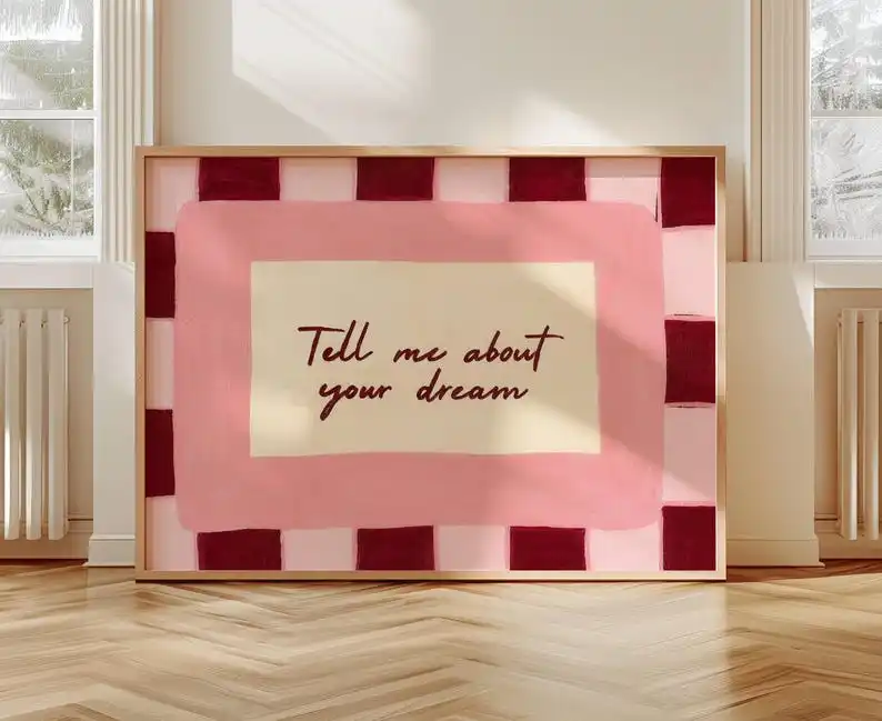 Tell Me about Your Dream Typography Canvas Wall Art Poster, Frameless Mid Century Pink Bed Bedroom Prints for Living Room Dec