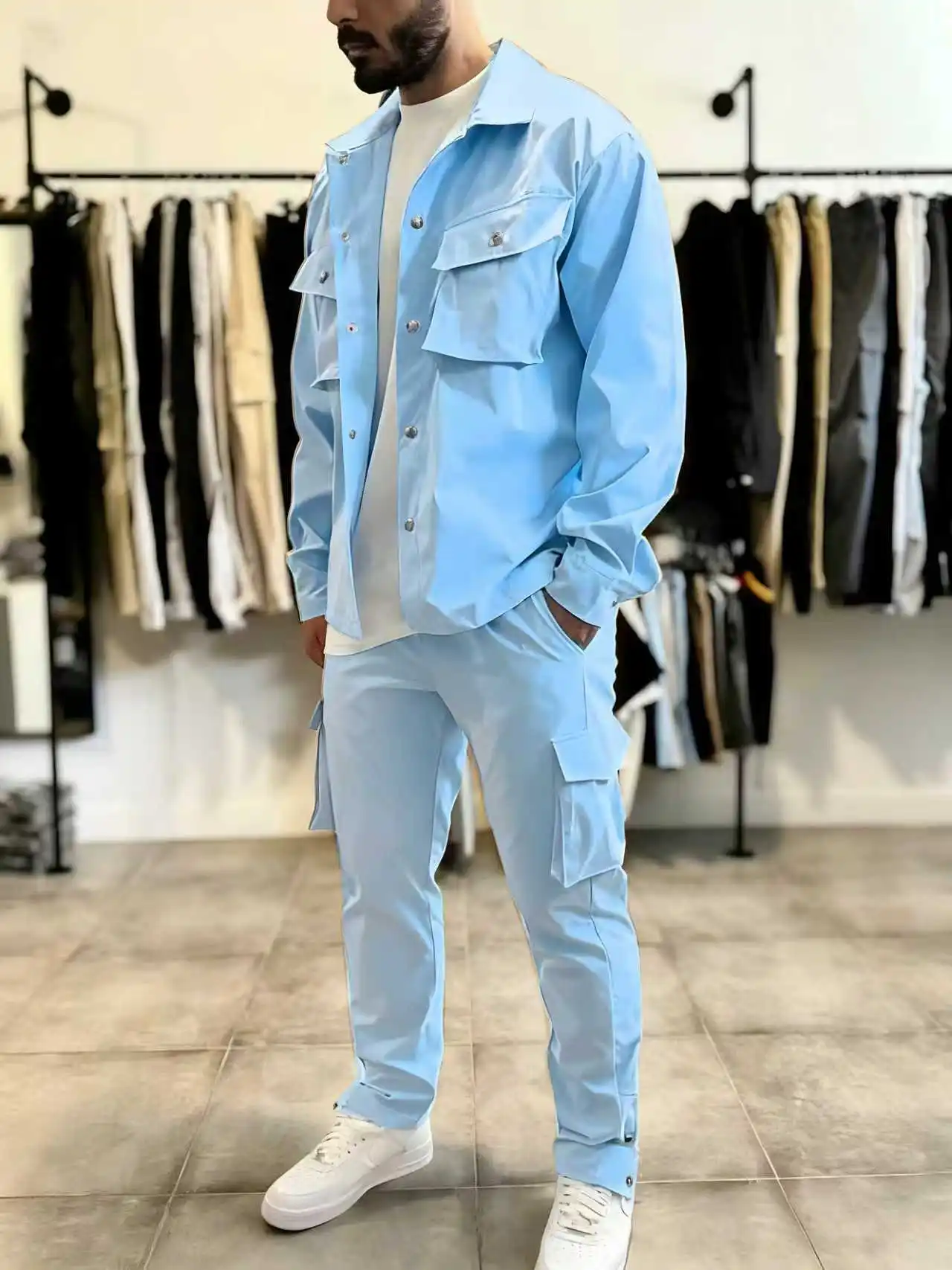 Men's Fashion Classic Spring Autumn Jacket with Large Pockets And Cargo Pants 2-Piece Set Casual Streetwear