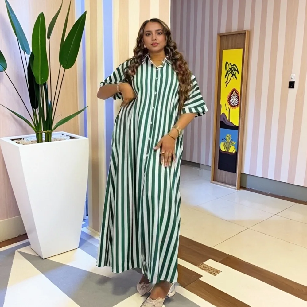 

Лето 2025 г., новое европейское и американское повседневное свободное женское длинное платье с принтом, модное африканское платье-рубашка в полоску