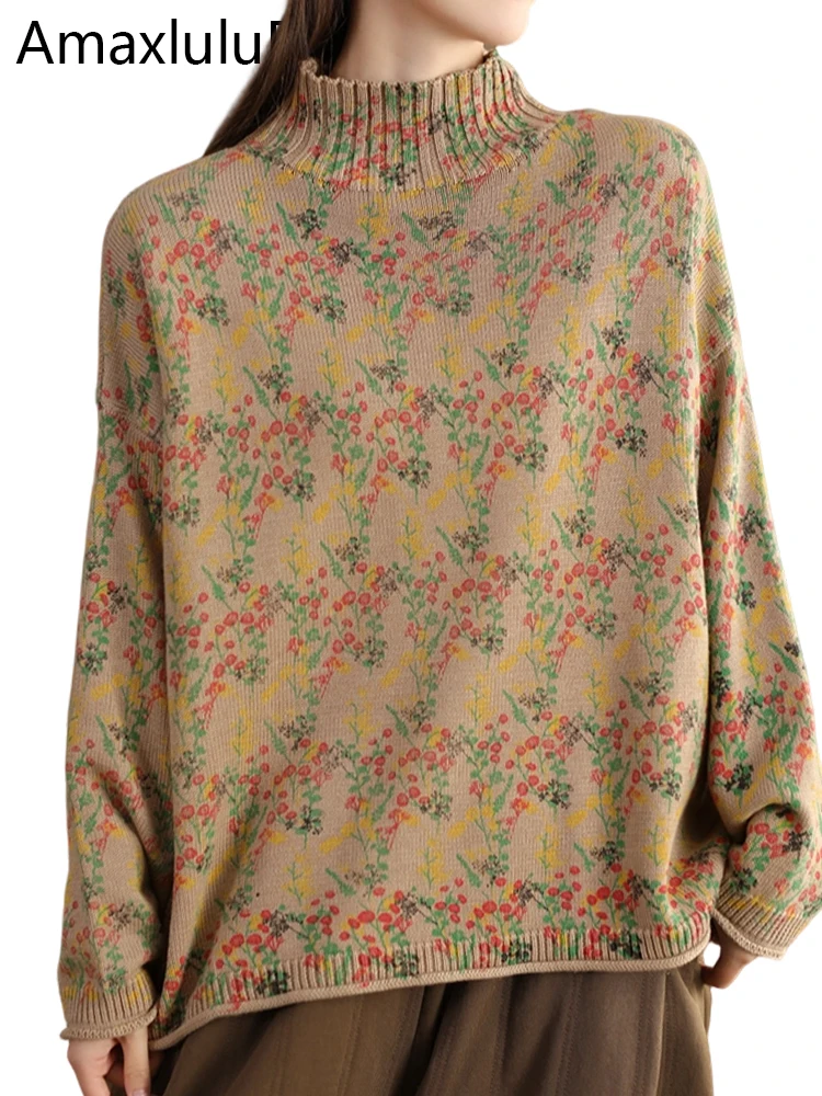 

Amax LuluE Winter Fashion Floral Pullover Womens Casual Turtleneck Printed Loose Sweaters Ladies Classic Oversized Warm Jumpers