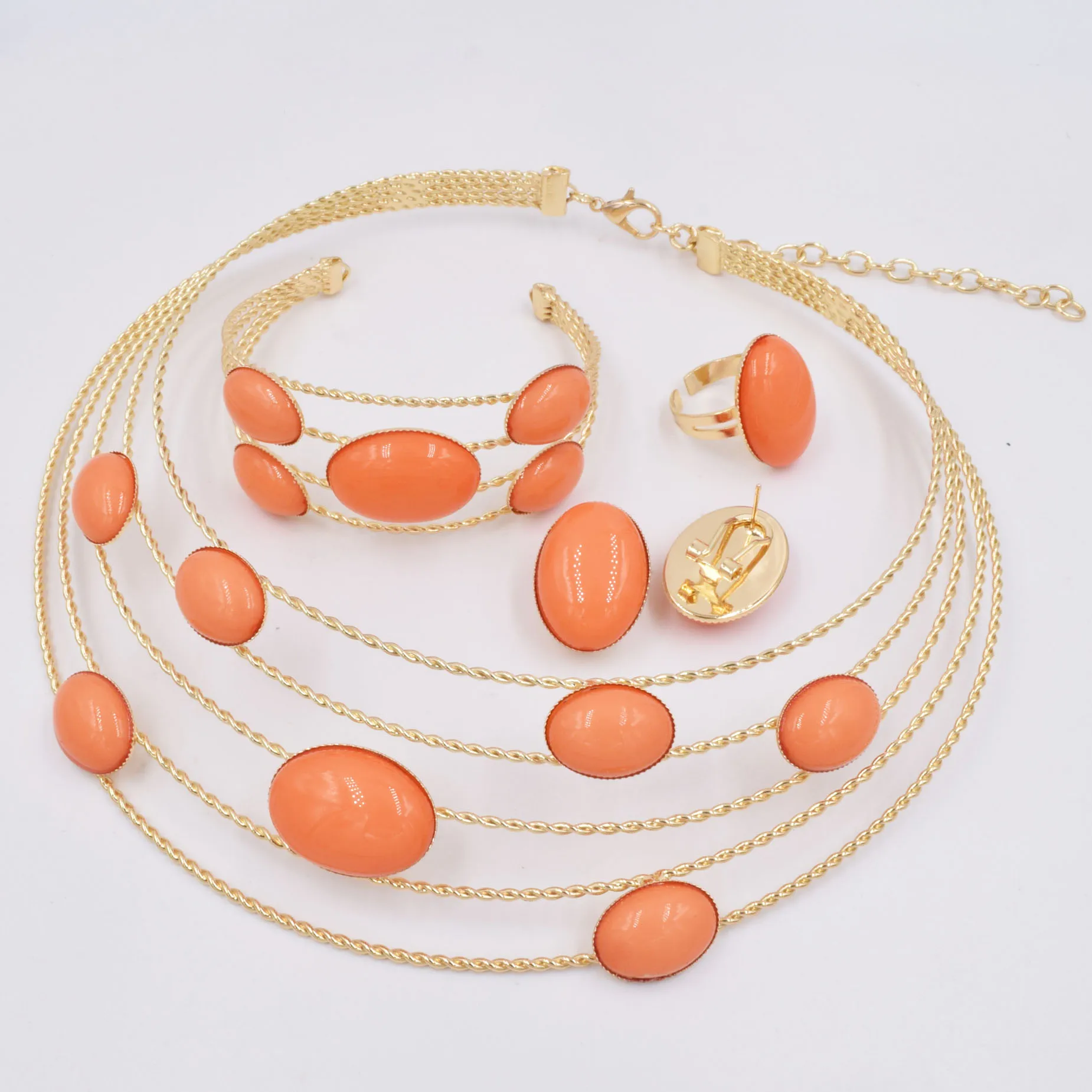 Italian Gold Plated Jewelry Set Dubai Gold Color High Quality Ladies Necklace Earrings Bracelet Rings Banquet Wedding Jewelry