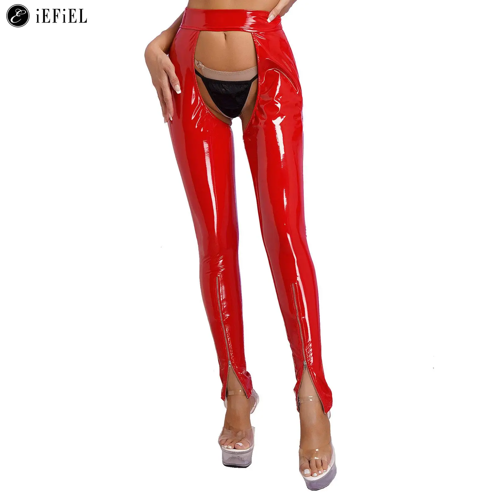 Womens Wet Look Faux Leather Hollow Out Crotchless Leggings Long Pants Stretchy Cutout Open Butt Skinny Trousers Clubwear