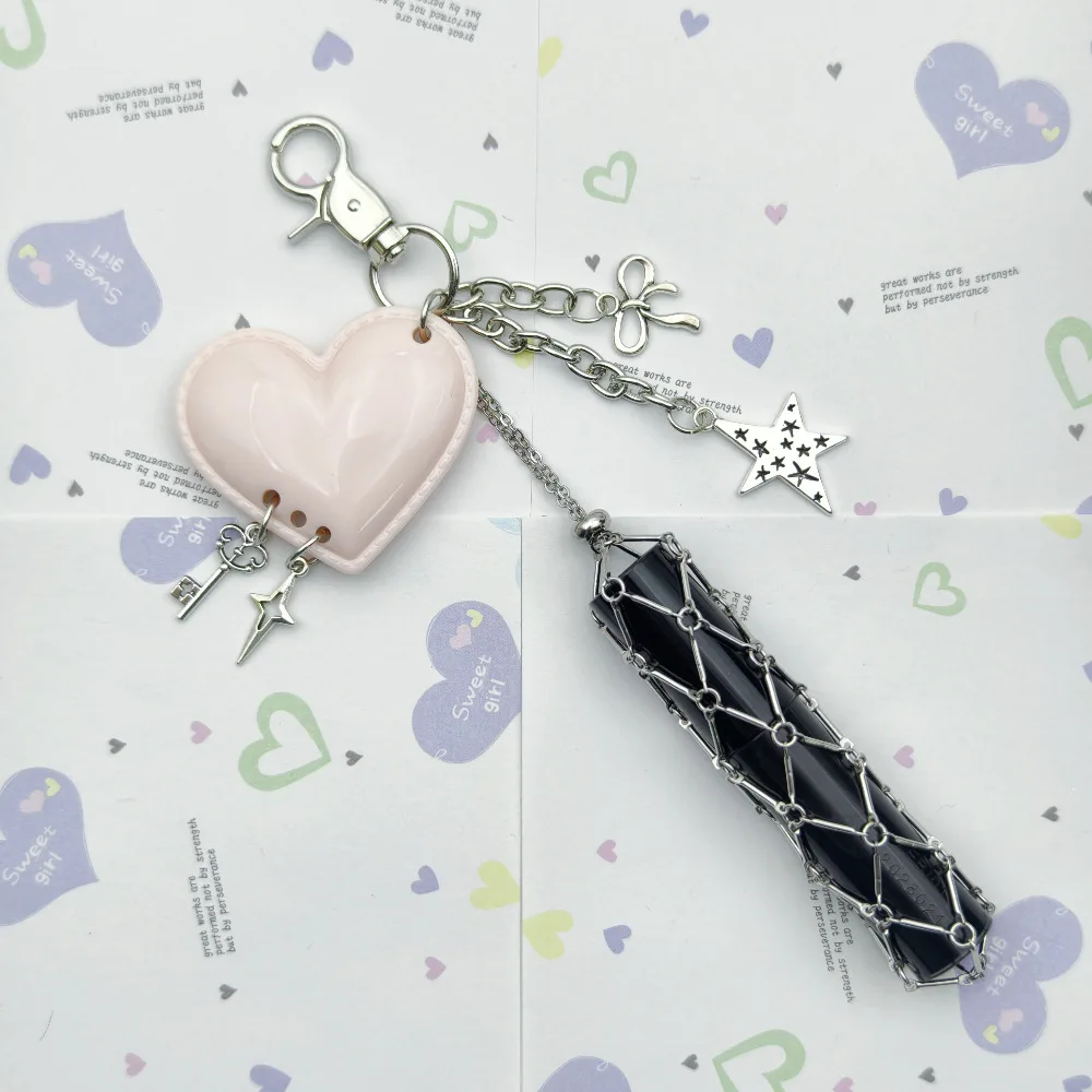 Y2K Trendige Metall-Lippenstifttasche mit Netz-Schlüsselanhänger, Liebesanhänger, tragbarer Schlüsselring, Spiegel-Schutztasche, Charm-Ketten für Damen als Geschenk – Detail 6