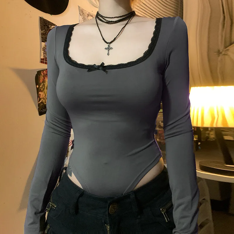 

Zeyla Women's 2025 Lace Trim Bodysuit Long Sleeve Solid Slim Fit Bow Detail Sexy Y2K Basic Layering T-Shirt Casual Outfit