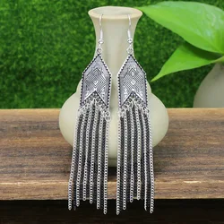 Ethnic New Black Silver Color Long Tassel Earrings Women's Geometric Carved Chain Drop Earrings Vintage Jewelry Accessories