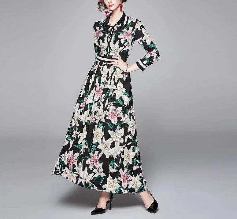 2024 New Glamour Runway Shirt Dress Women's Lapel Short Sleeve Gorgeous Flower Print Single Breasted Belt Pleated Midi Vestidos