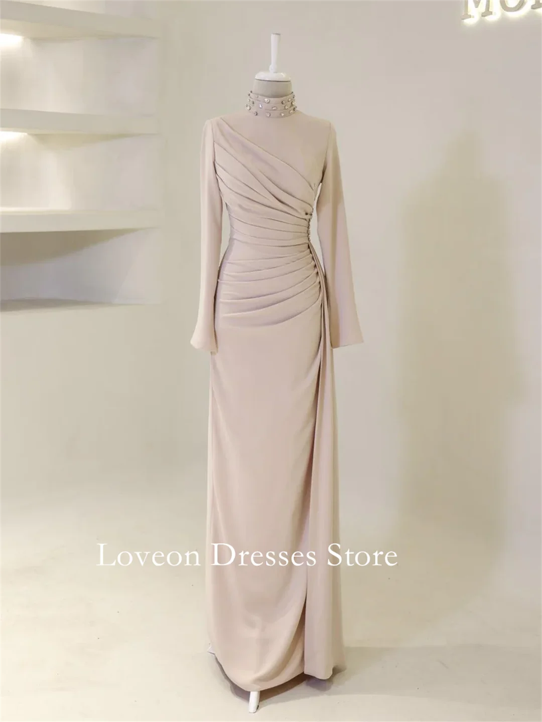 Alta pescoço crepe cetim formal vestidos de noite sereia mangas completas estilo árabe personalizado elegante baile de formatura crescidos festa feminina