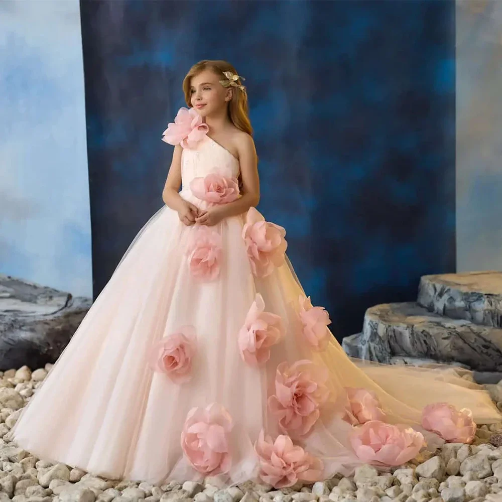 Encantador Vestido de Niña con Flores, Cuello Barco, Sin Mangas, Línea A, Largo hasta el Suelo, con Tul Floral 3D, Vestido Personalizado para Fiesta de Cumpleaños de Bebé