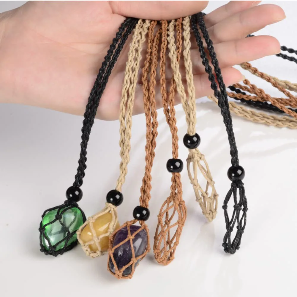 Natural Crystal Stone Stainless Steel Metal Net Holder Bamboo Pattern Necklace Braided Pendant Cage Adjustable Chain Net Pendant