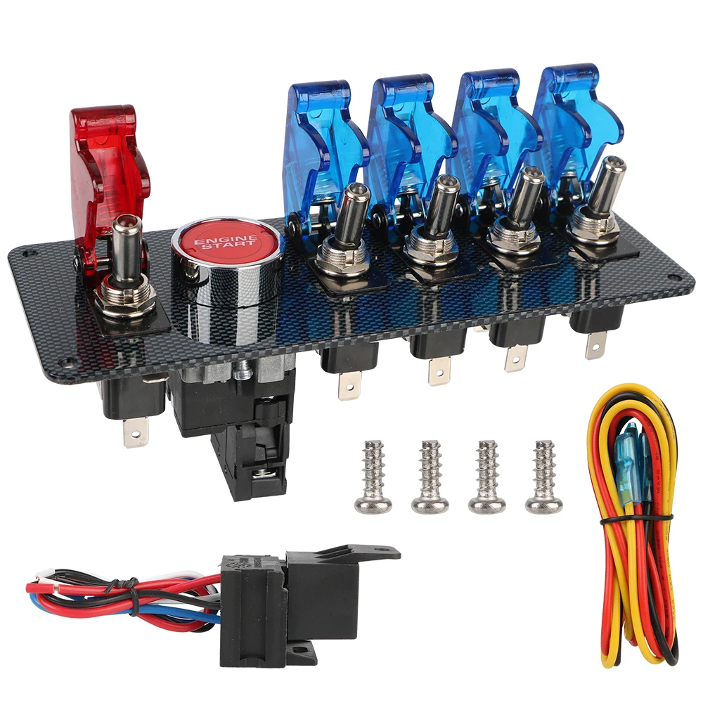 4 Blue & 1 Red Racing Car Engine Switch 12V Auto LED Toggle Ignition Switch Panel Start  On/Off  Push Set Kit