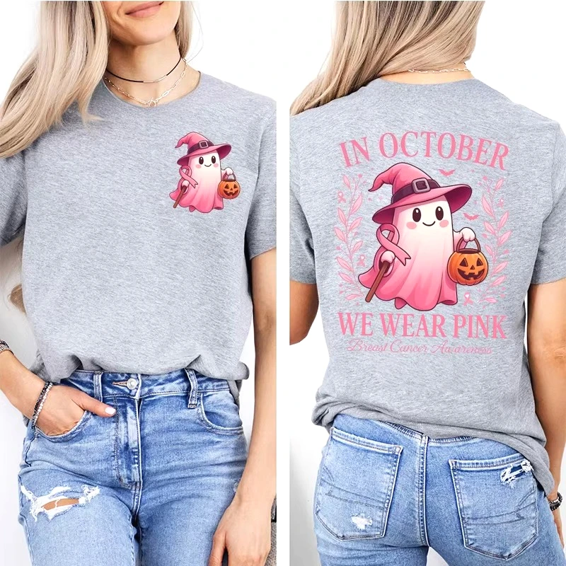 Im Oktober tragen wir rosa: T-Shirt mit grafischem Aufdruck zur Sensibilisierung für Brustkrebs, lässige Oberteile, Halloween, rosa Geister, Damenmode – Detail 16