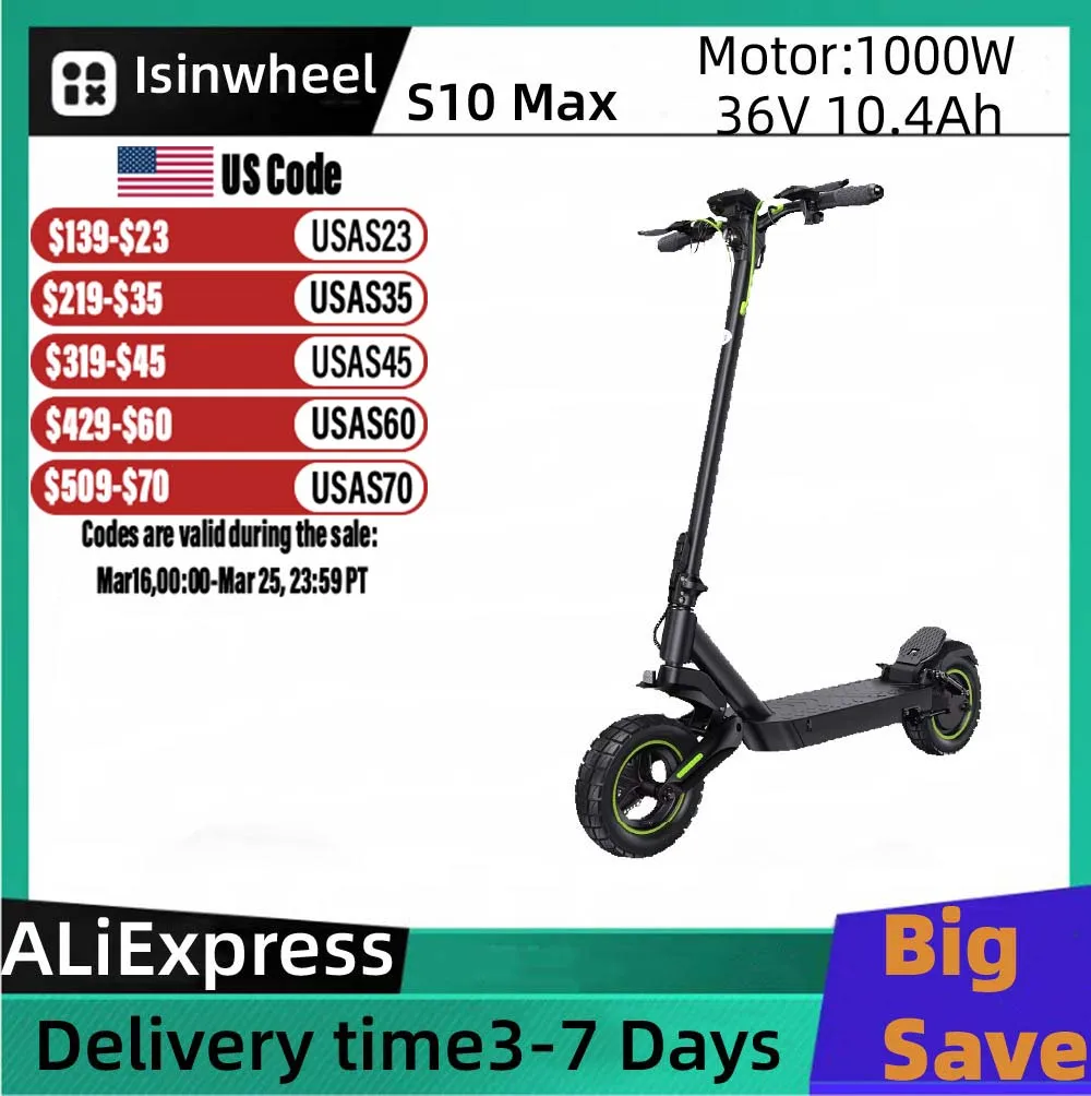 

Foldable Electric Scooter Isinwheel S10 Max 48V 15Ah Battery 10 Inch pneumatic off road tire Adult E-scooter