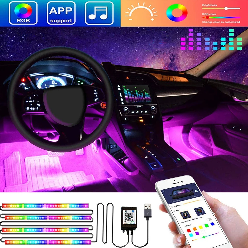 OKEEN 72LED 4in1 Interior Neon Light Strip USB  With App Remote Music Control Atmosphere Lamp Car  Accessory Ambient Foot Lights