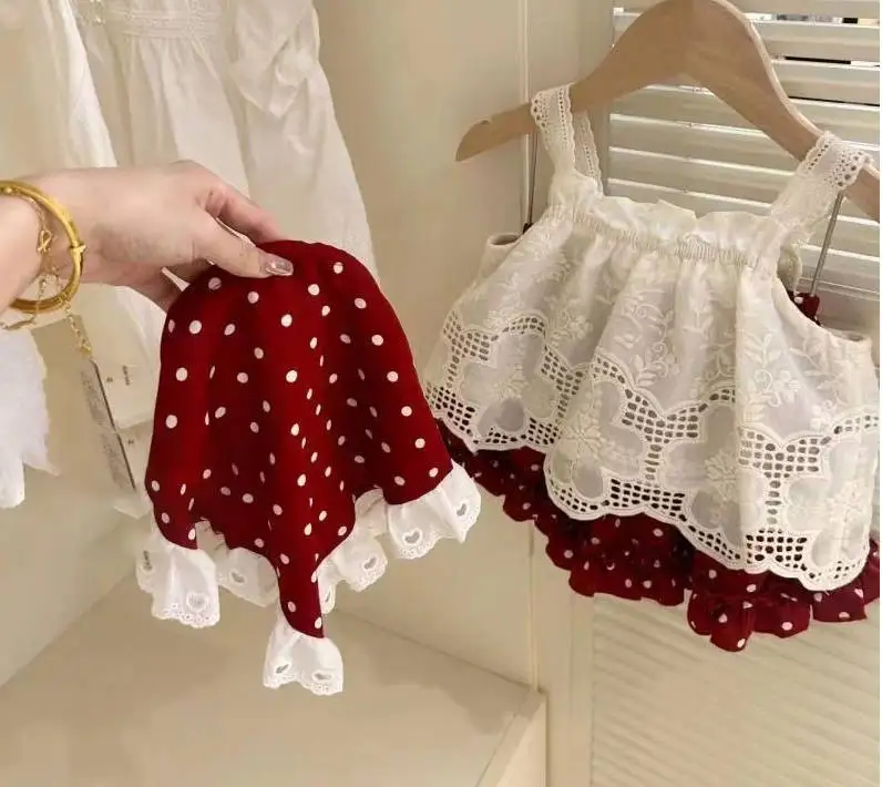 2025 New Strap Little Red Riding Hood Set Summer Cute Girl Hook Flower Western Style Tank Top Polka Pants Skirt Three Piece Set view 2