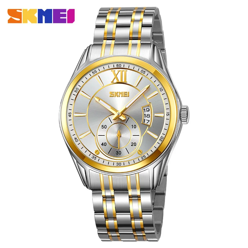 SKMEI Fashion Men's Full Steel Moon Phase Quartz Watches Mens Male Casual Date Waterproof Luminous Hands Wristwatch For Men