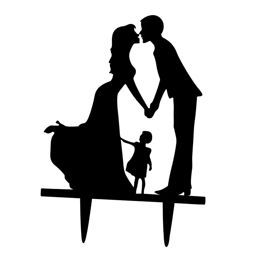 2X Romantic Bride & Groom Silhouette with Kid Acrylic Wedding Cake Topper