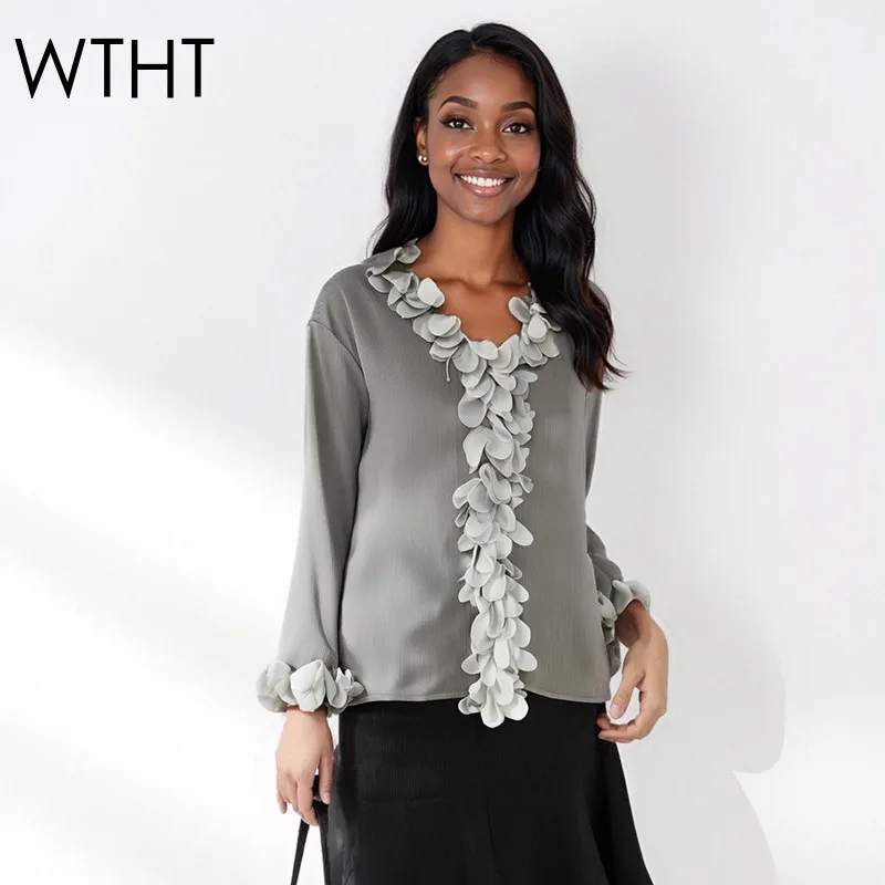 

WTHT Trendy Women's Spliced Flower Edge Office-lady Shirt 2025 Autumn Fashion V-neck Long Sleeves Blouse Female 1LS2346